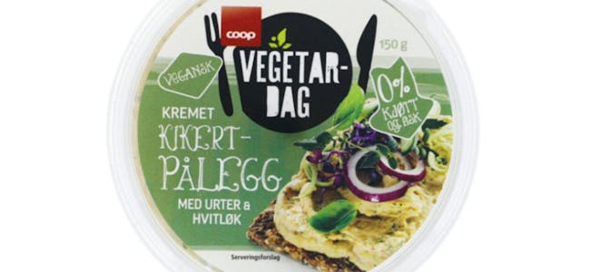 Coop tilbakekaller Vegetardag kikertpålegg med urter og hvitløk 150g etter at det er funnet krepsehale i et produkt. Foto: Coop Norge / NTB